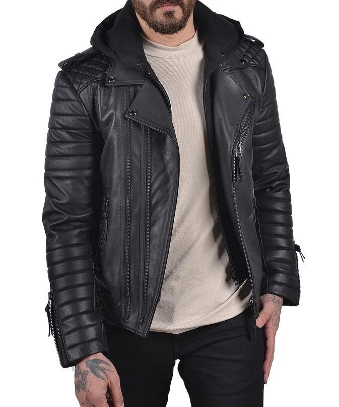 Genuine black quilted hooded jacket, sleek design with cozy warmth and style