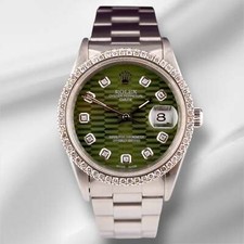 Rolex Date 34mm Ladies 1.5ct Prong Green Motif Diamond Dial Steel Watch 15000