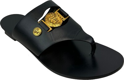VERSACE Black Leather Gold Medusa Buckle Cut Out Thong