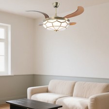 42" Tiffany Ceiling Fan Light Retractable Blades LED Chandelier Lamp Bedroom