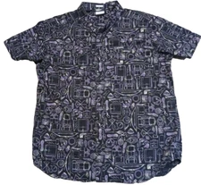 Columbia Camp Shirt Mens Large Black Camping Gear Print Short Sleeve Button Up