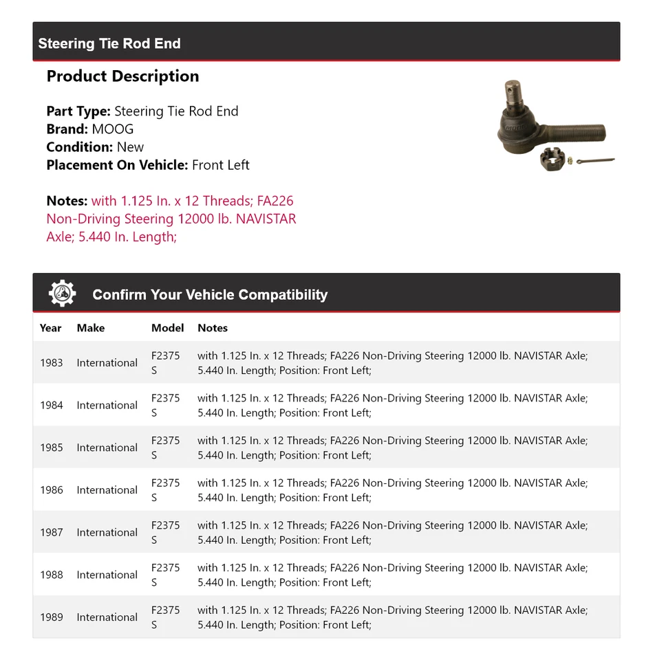 Для 1983-1989 International F2375 S конец рулевого анкерного стержня передний левый MOOG 1983 - Изображение 2 из 4