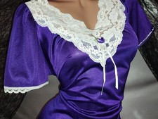 VTG SILKY NYLON PURPLE WIDE CHANTILLY LACE FLUTTER SLV BABYDOLL FREEBUST NIGHTY