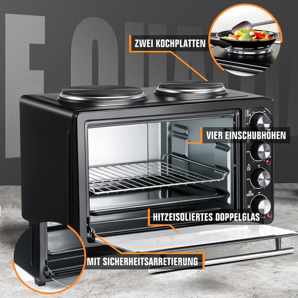Mini Backofen 2in1 mit Doppel-Kochplatte 36L Umluft Drehspieß Timer Pizzaofen DE - Bild 4 von 4