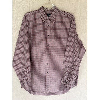 Gap Mens Large Button Down Shirt Red Grey Plaid Check Long Sleeve Cotton L