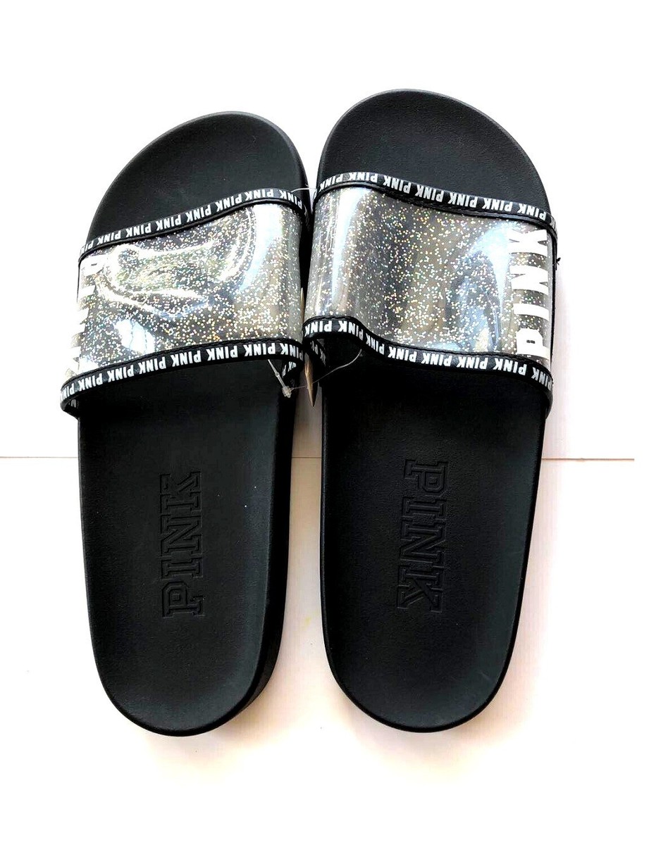 Victoria's Secret Pink Single Strap Slides Sandals Clear with Logo