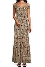 R M Richards Gold Black Off-The-Shoulder Lace Gown Size 12 Sweetheart Neckline