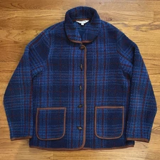Orvis Womens Jacket Fleece Sherpa Deep Pile Toggle Buttons Plaid Coat Blue Sz M