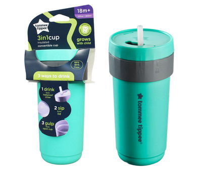 TOMMEE TIPPEE 3 IN 1 KINDER TASSE BECHER GRÜN ISOLIERT 3 TRINKMÖGLICHKEITEN 300ML