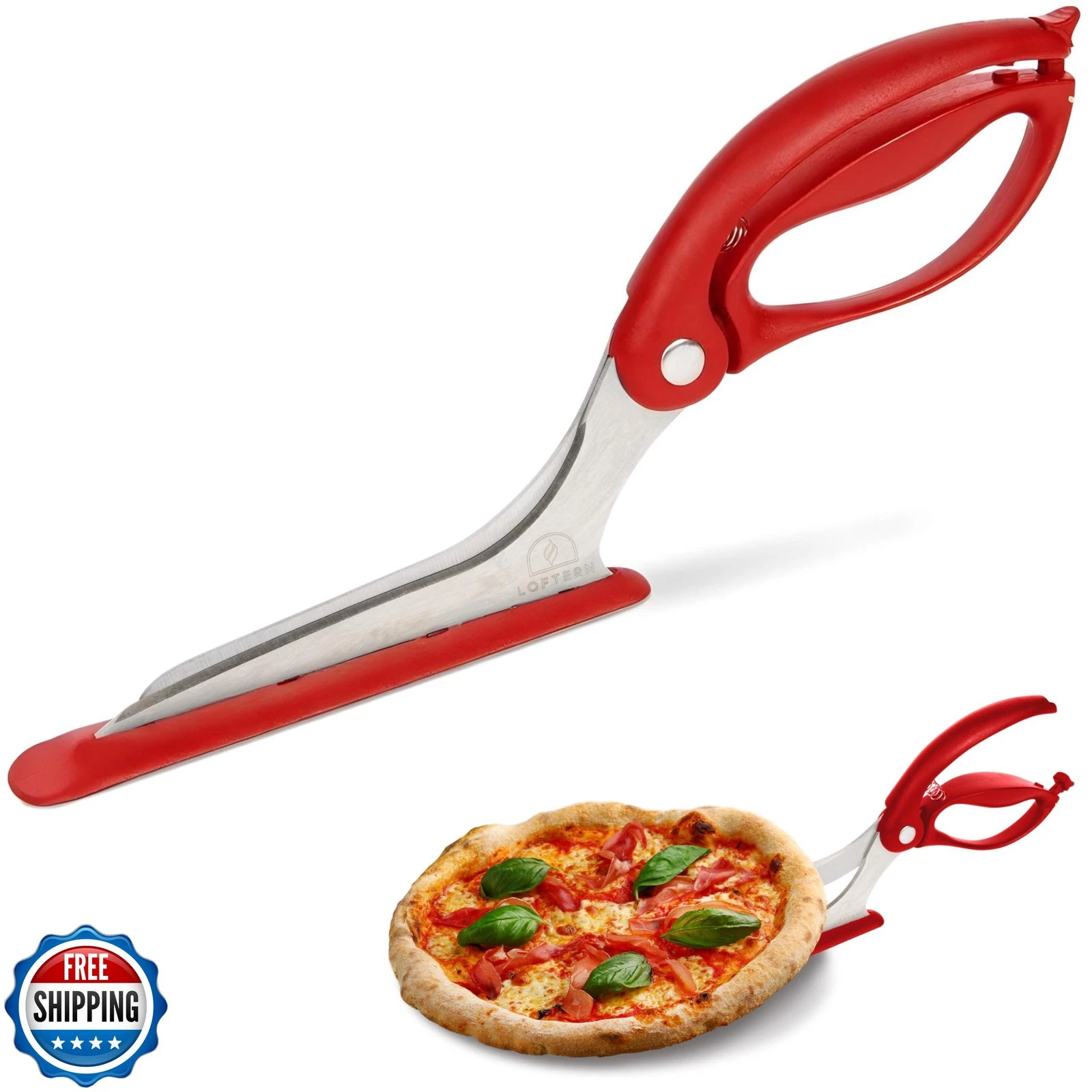 Loftern Red Pizza Scissors - Non-Stick Pizza Scissors with Firm Grip Base - F