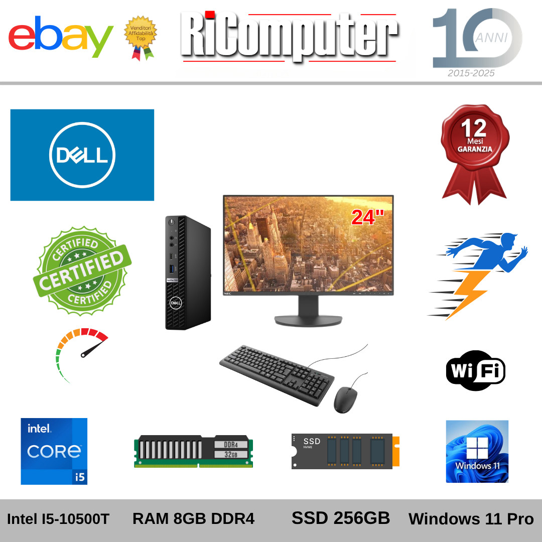 PC Completo Dell Optiplex 7090 Micro i5 8GB SSD 256GB M.2 Monitor 24" Tastiera
