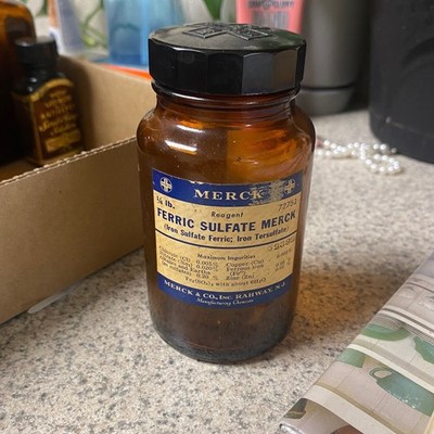 Vintage Ferric Sulfate Bottle Merck Amber Glass Rahway NJ Dark Academia Decor