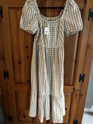 NUEVO CON ETIQUETAS J. Vestido midi Crew Factory para mujer talla 6 blanco tostado a cuadros en capas mangas abullonadas - Imagen 2 de 2
