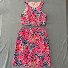 Lilly Pulitzer Mallika Two Piece Set Coco Coral Crab Top and Skirt Size Small