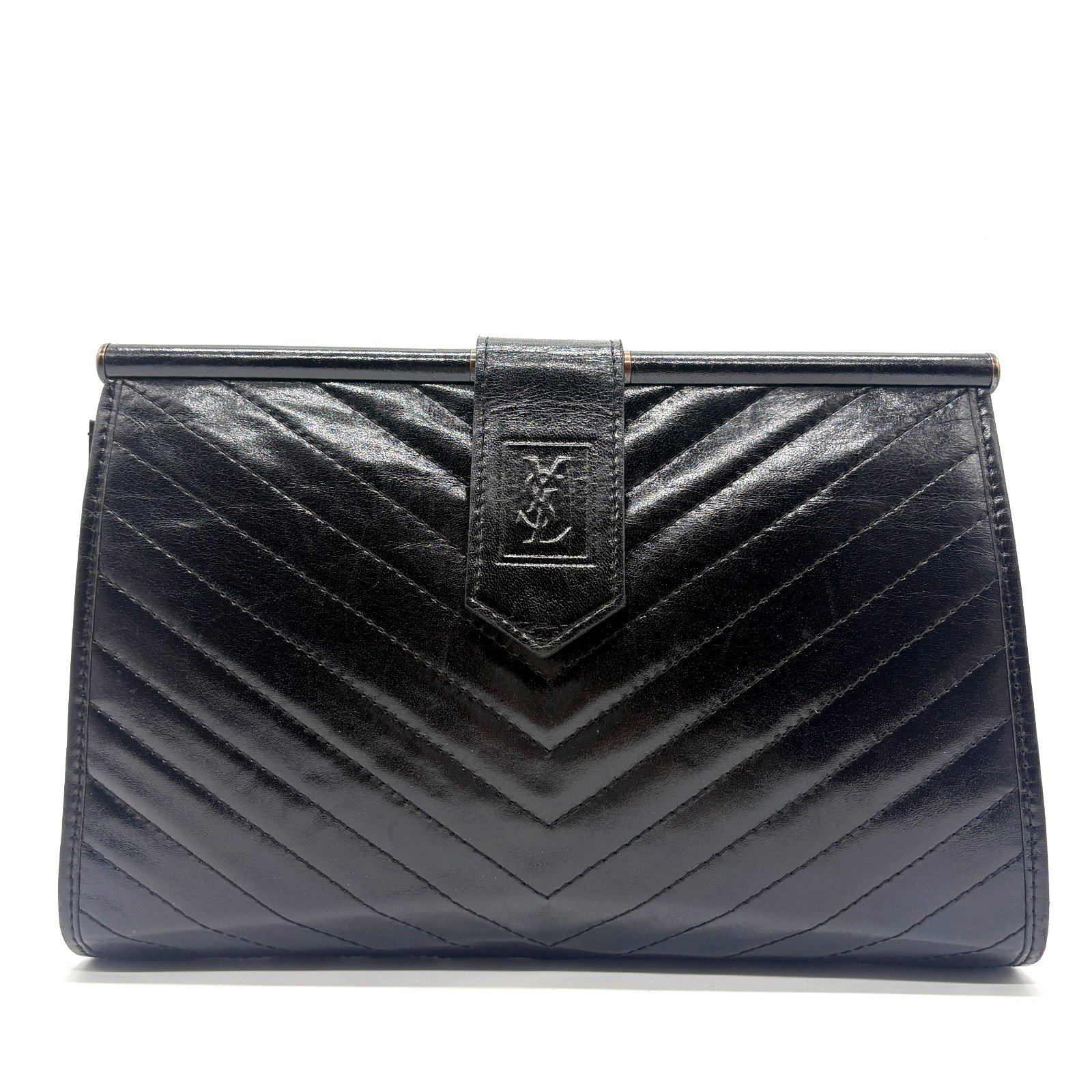 Yves Saint Laurent Clutch Bag Black Leather YSL Cassandra Purse Stitch Auth
