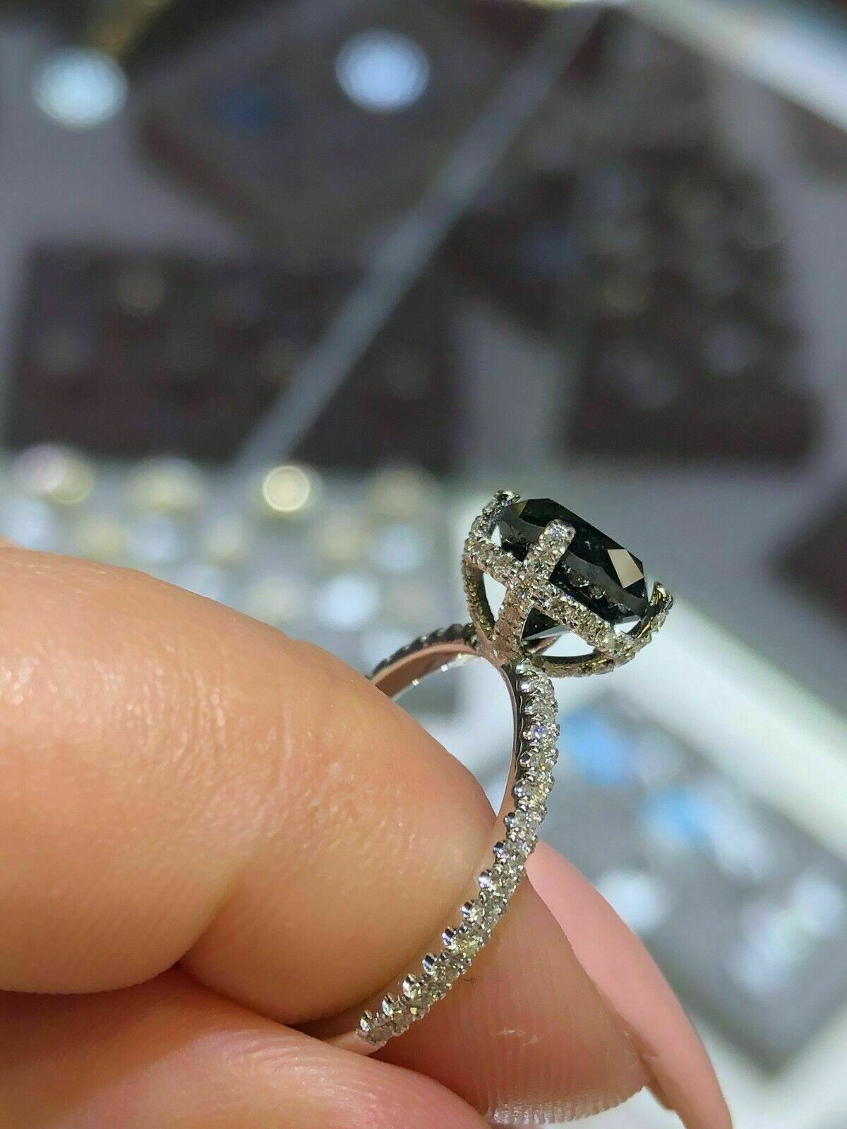 Solitaire Hidden Halo Ring In 2Ct Simulated Black Diamond 14K White Gold Plated