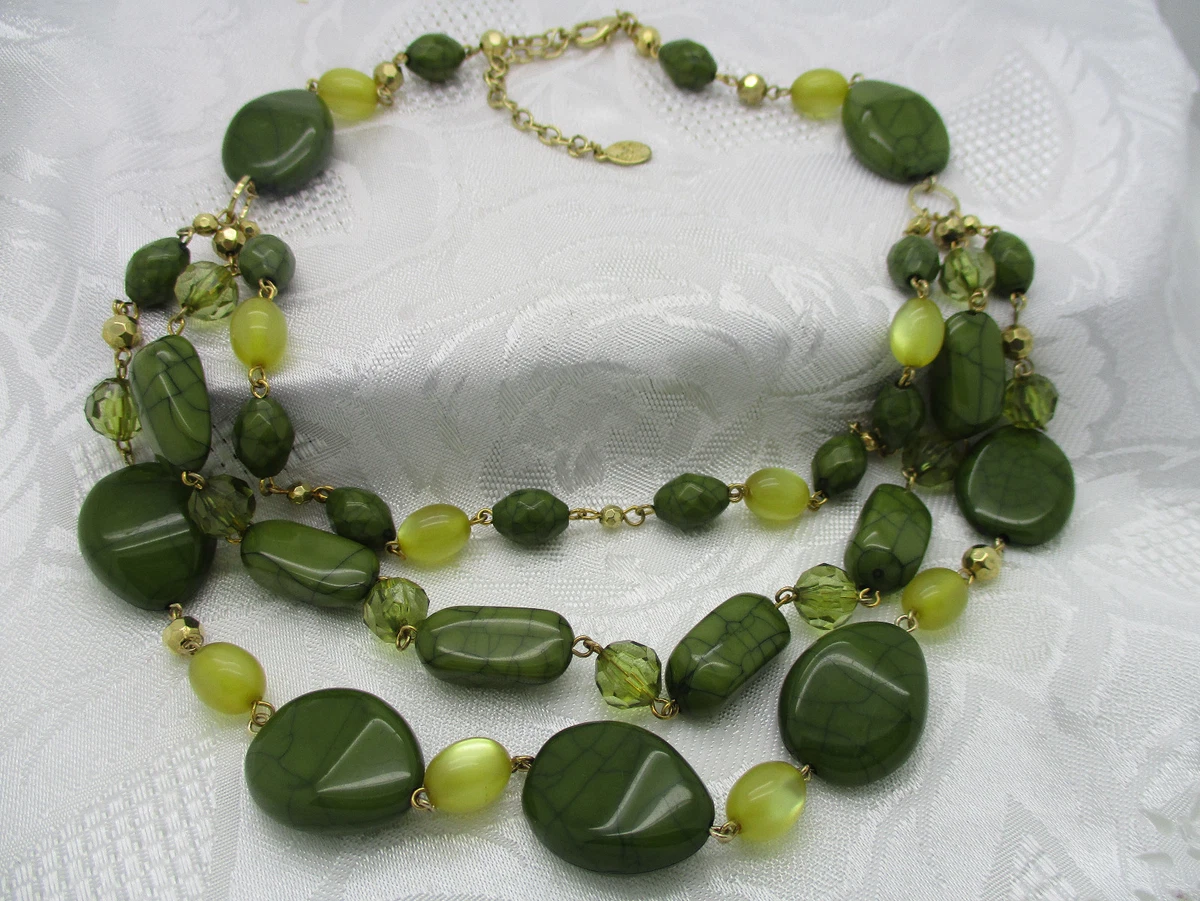 VINTAGE ESTATE JEWELRY SIGNED ROBERT ROSE GOLD TONE GREEN LUCITE BEAD NECKLACE