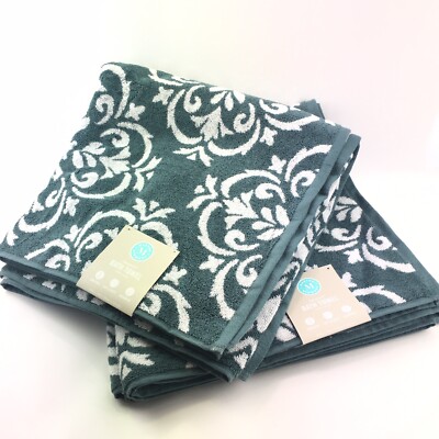 2 NEW Martha Stewart Jacquard 2 Bath Towel Set 100% Cotton Green/white 30 x 58 