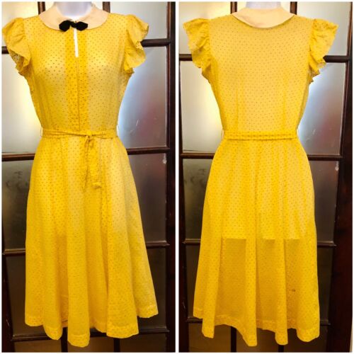 1930s Cotton Day Dress Cute Swing Peter Pan Swiss Dot Depression Sunny Yellow