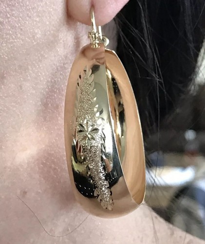 00 GOLd 14k Hoop earring solid thick wide Round diamond cut 52x42mm 2” Big large - Picture 2 of 13