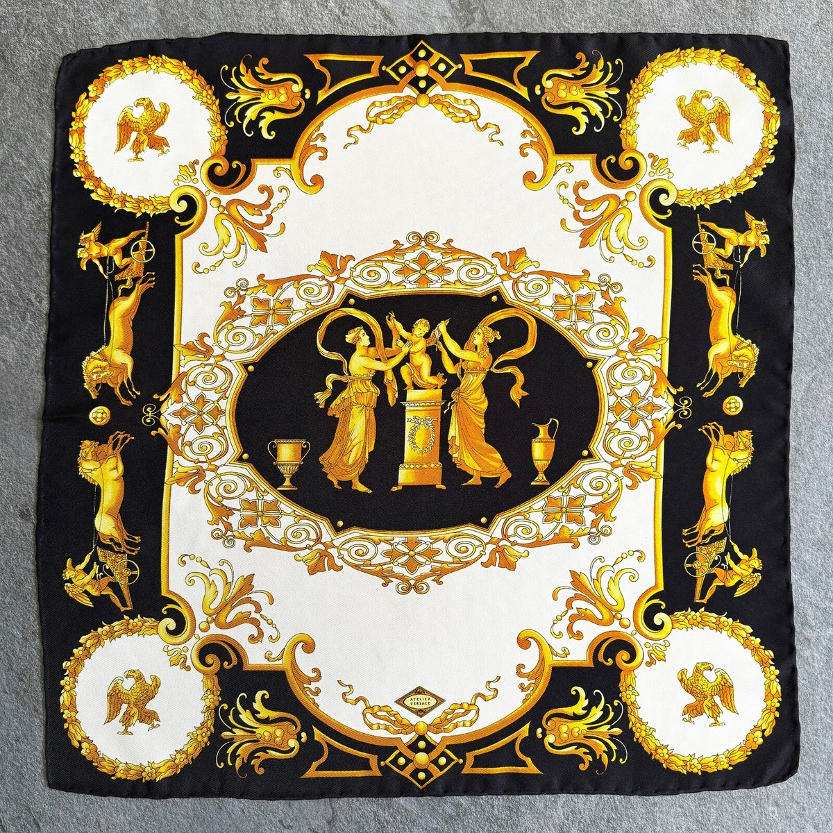 GIANNI VERSACE silk neck scarf Baroque Greek scenes size 17