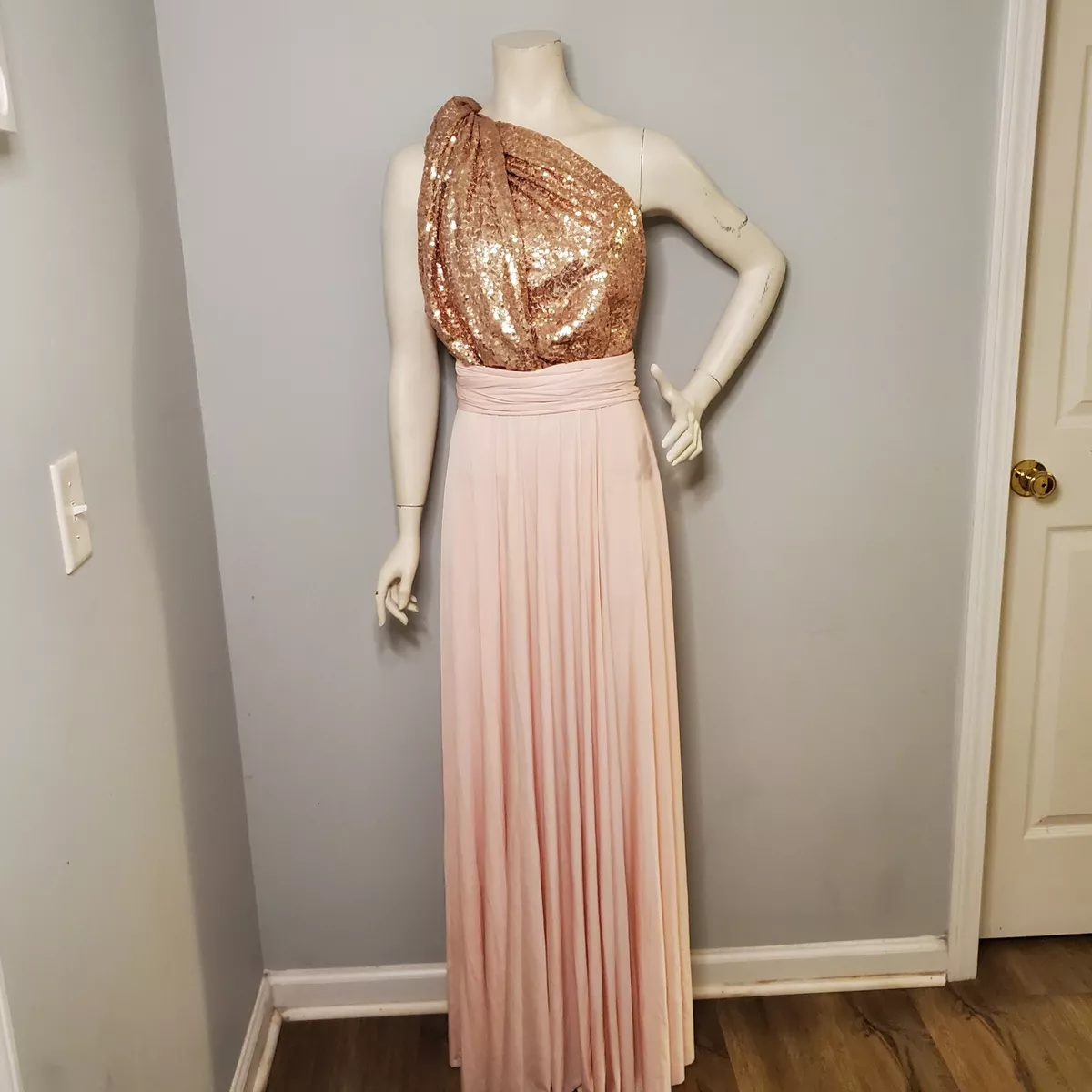 Light Pink, Gold Sequined Infinity Formal Bridesmaids Prom Wedding