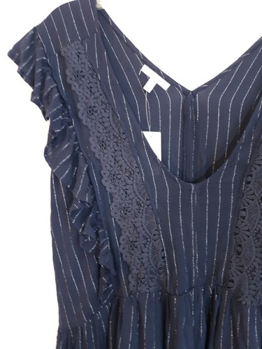 Maurices Top 2X Blue Metallic Silver Pinstripe Sleeveless Ruffles Embroidery NWT - Picture 3 of 11