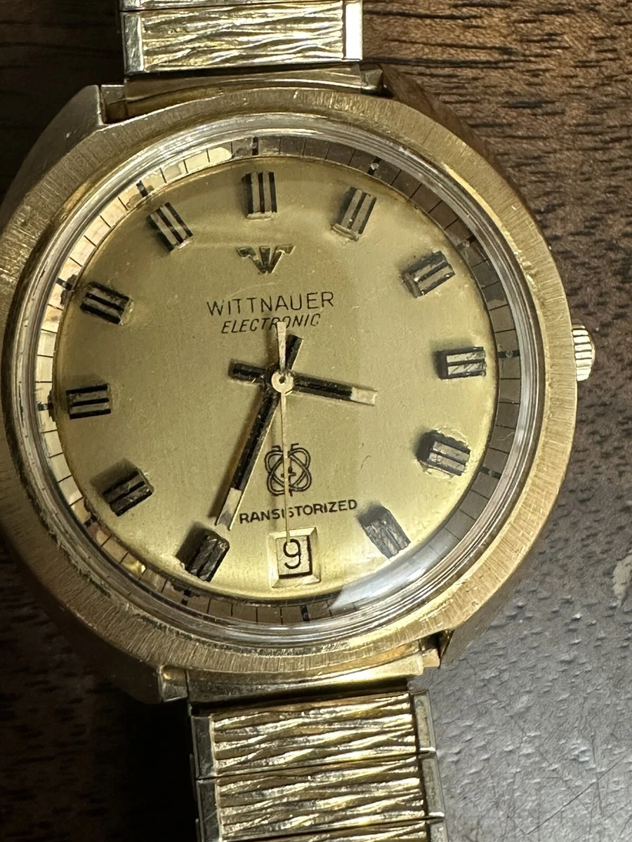 wittnauer Electronic Transistorized Date Gold Tone Mens Watch Rare HTF Runs