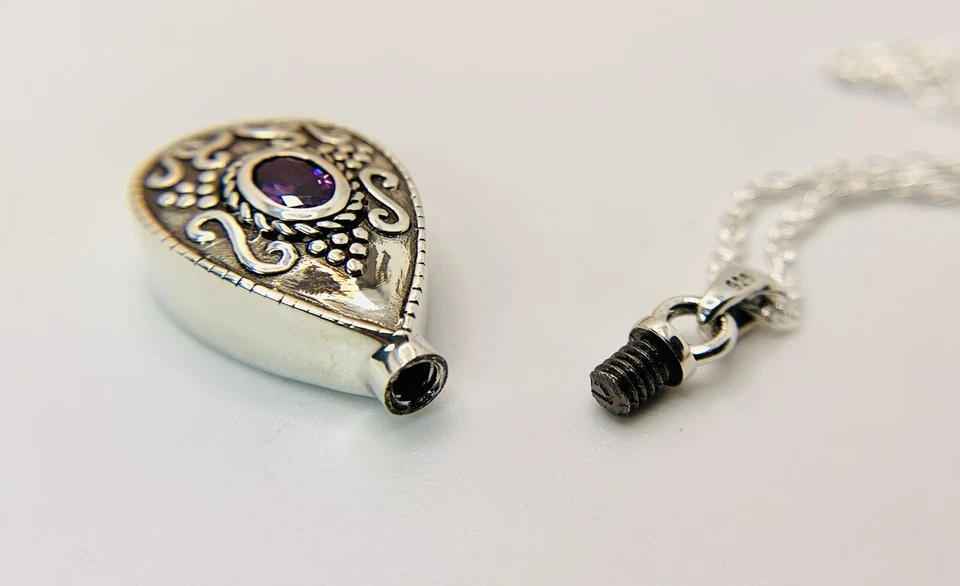 Joyería de cremación de plata de ley 925 conmemorativa amatista lágrima cenizas recuerdo Foto 4 de 4