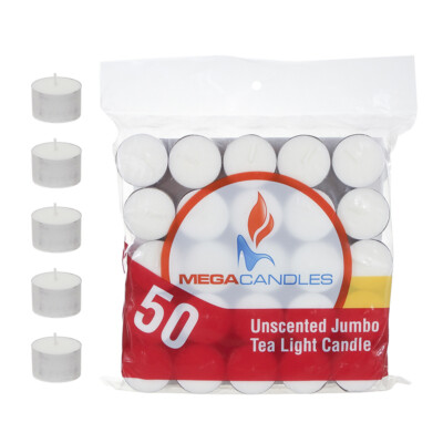 Mega Candles - Unscented Jumbo Tea Light Candles - White, Set of 50 CGA105-W