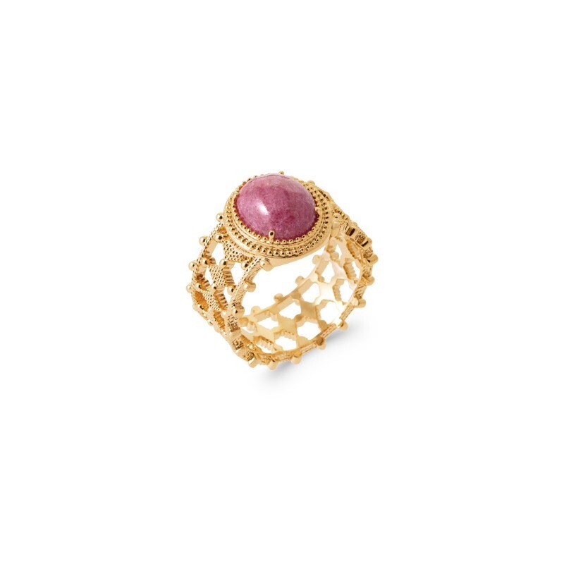 Bague ajourée or 18 carats et véritable rhodonite idée cadeau femme