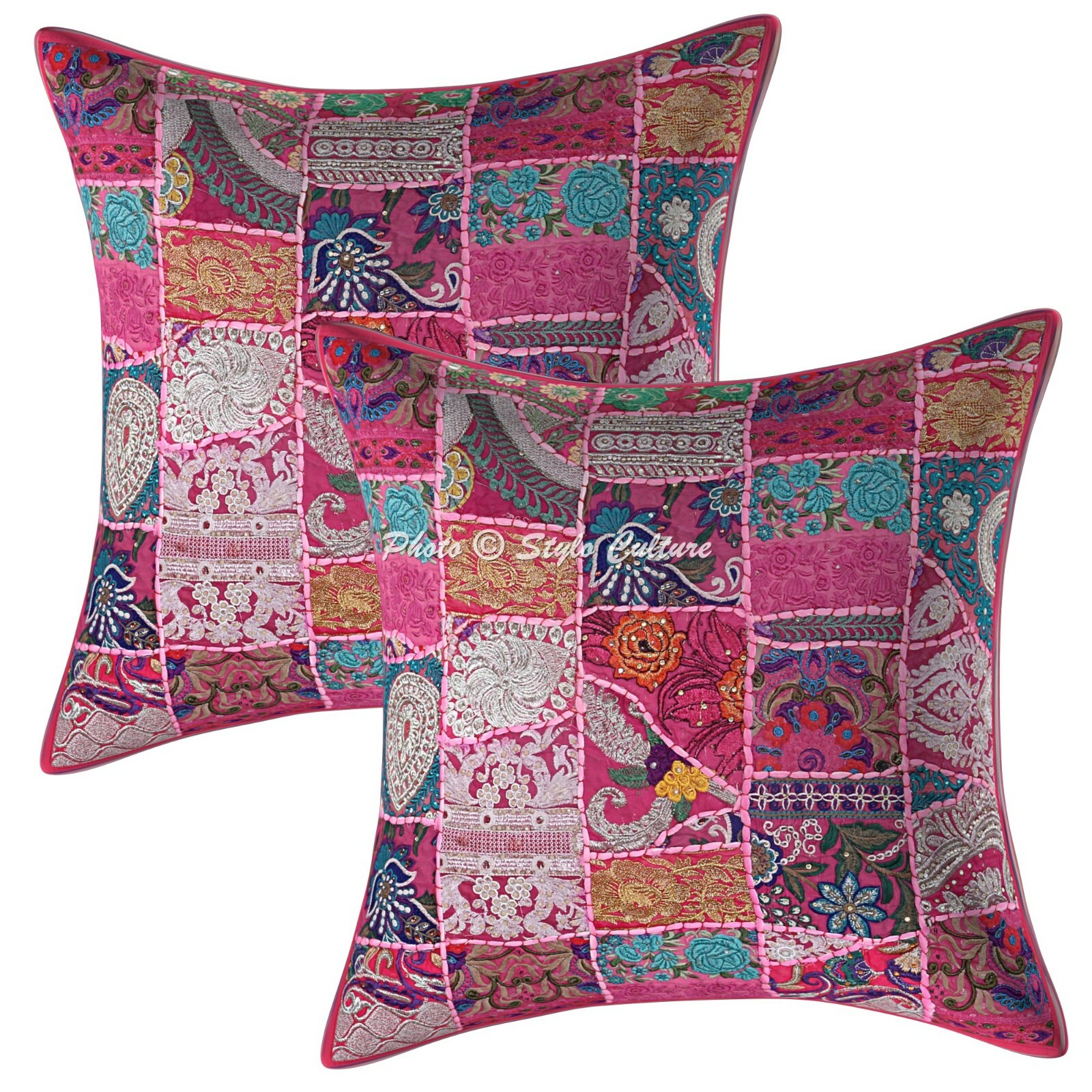 Pink Patchwork Cotton Throw Pillows 24x24 Abstract