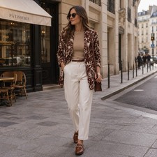 MANGO New LINEN Blend Tropical Print Notch Collar Blazer Front Flap XS Jacket