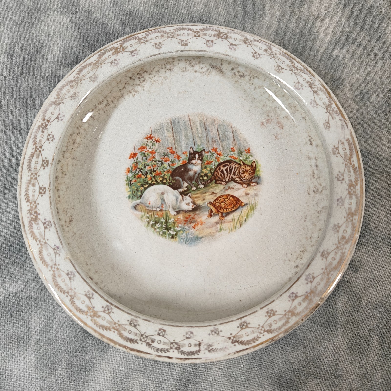 Antique Child’s Nursery Plate Cats & Tortoise Transferware 7.25in Brown Border