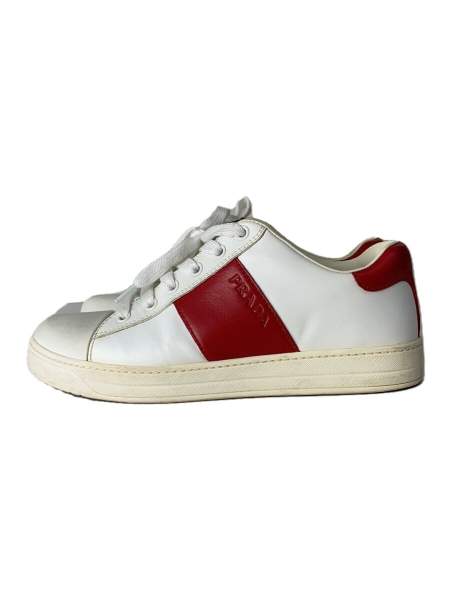 PRADA Low-Cut Leather Sneakers in White and Red Size 37.5 Model 1E944L