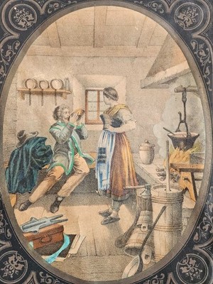 Antike Lithographie Bild Druck H. Oeser, Neusalza mit Almhütte Sennerin