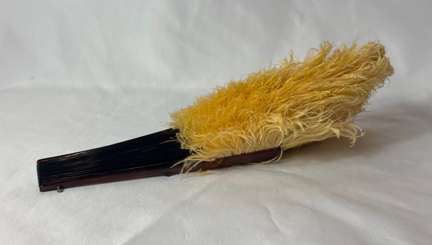 Antique Ostrich Feather Fan Dyed Yellow Shell Shaped Faux Tortoiseshell Sticks