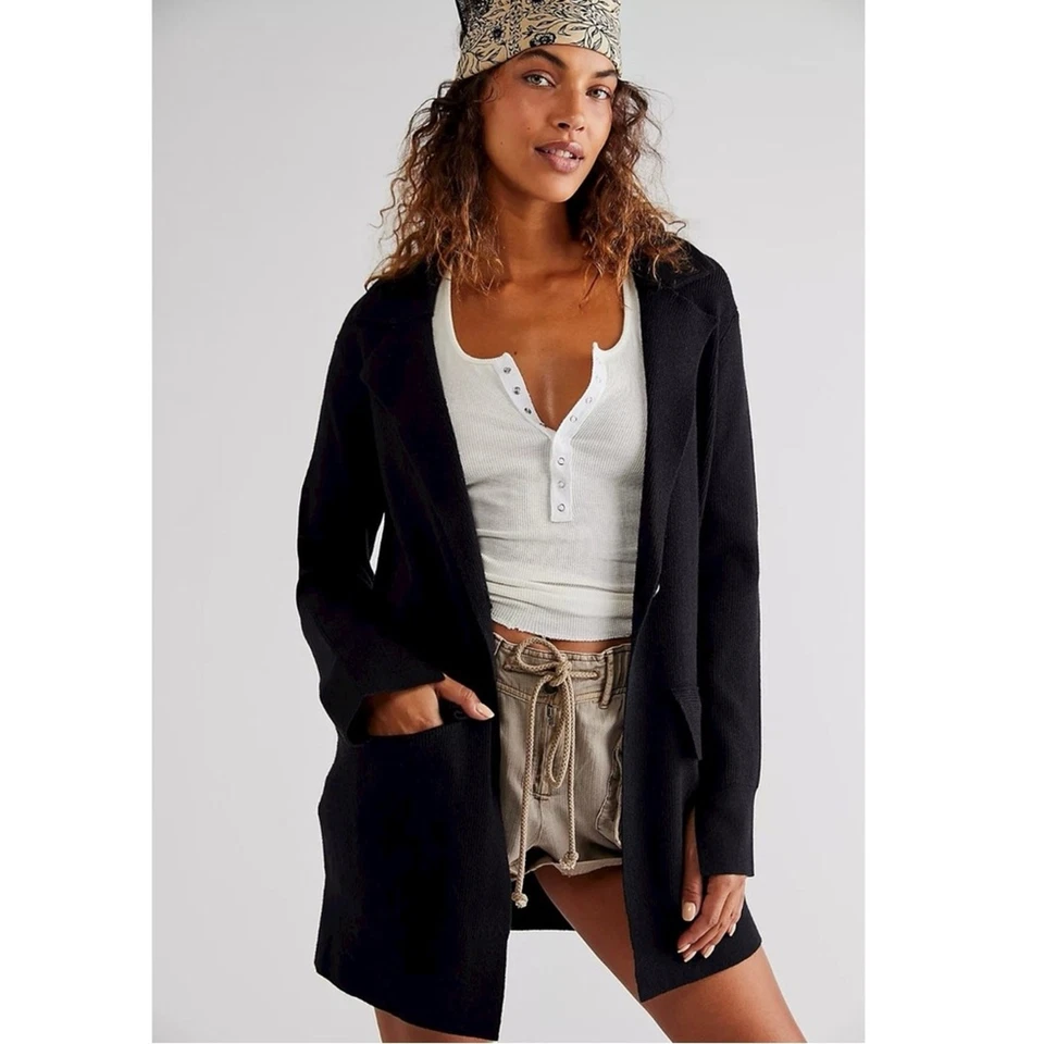 Suéter Blazer Cardi Cárdigan Free People Sarah Negro Grueso Tejido Talla Grande Foto 4 de 4