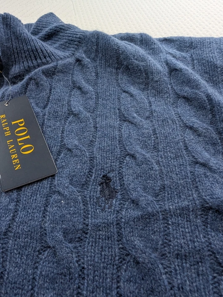 Nuevo con etiquetas Polo Ralph Lauren Azul Marino Tejido con Cable Suéter Lana Cachemira 1/4 Cremallera Clásico XL Foto 4 de 4