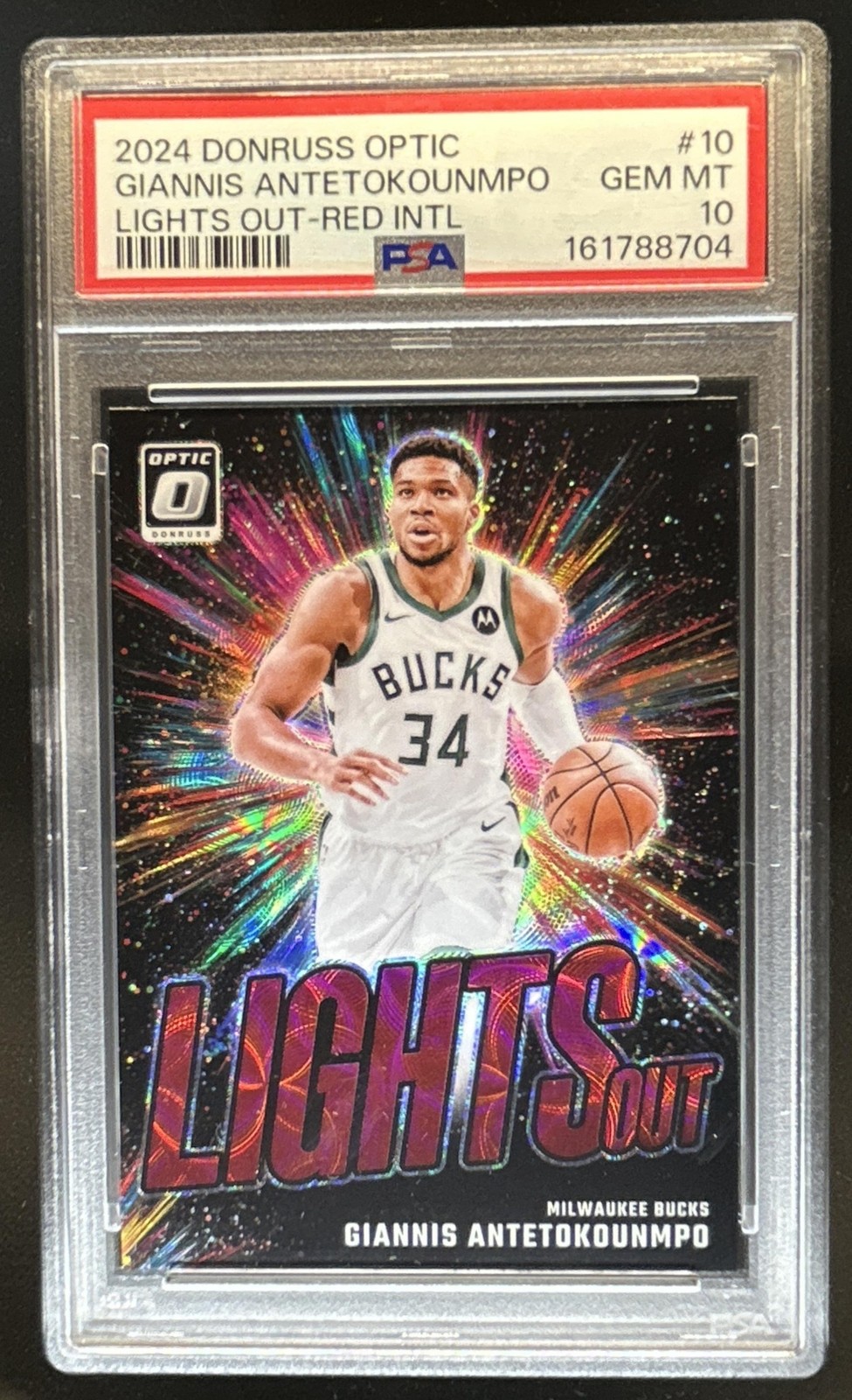 2024-25 Donruss Optic Giannis Antetokounmpo Lights Out Red Intl #10 PSA 10