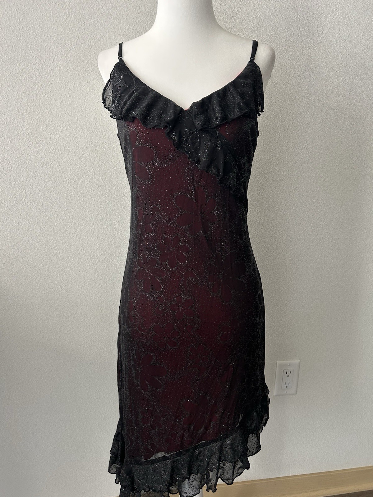 Vintage Y2K Burgundy Mesh Floral Asymmetrical Dress Fairy Whimsigoth Witchy