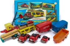 SSS Heavy Duty Construction 1950s Tin Friction Trailer Truck Assortment COMPLETE