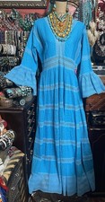 STUNNING MEXICAN OAXACA DRESS PEN-TUCK TURQUOISE CROCHET FLORAL LACE SIZE LARGE