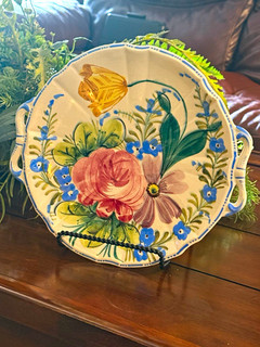 Hand Painted Floral Round Ceramic Platter w/ Handles Glossy White Multicolor