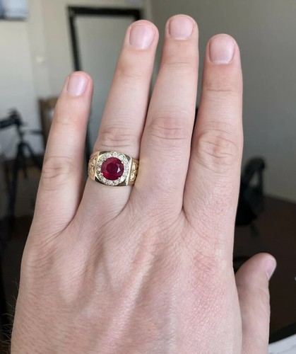 Natural Red Ruby & Diamond Engagement Wedding Men's Ring In 14K Yellow Gold - Picture 8 of 14