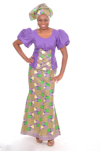 Purple Top with Purple Green Beige Print and Skirt-DPS0097DF - Afbeelding 1 van 4