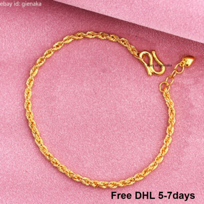 Pure 999 24K Yellow Gold Twist Rope Chain Link Women Bracelet