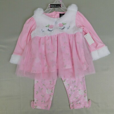 Plush Faux Fur Unicorn Tulle Overlay Top Floral Leggings Baby Outfit 6-9 Months