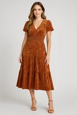 R Vivimos Crushed Velvet Dress Womens M Copper Whimsigoth Boho Tiered Western