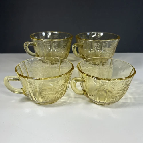 Vtg FEDERAL GLASS AMBER YELLOW "MADRID" DEPRESSION GLASS COFFEE / TEA CUP set 4